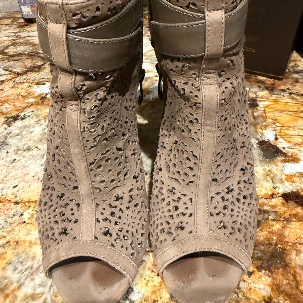 Vince Camuto Taupe Laser-Cut Ankle Booties